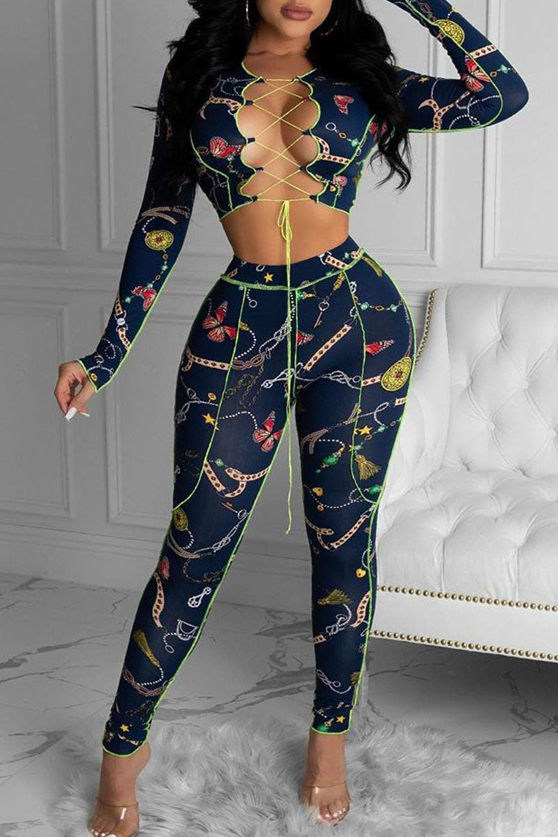 Sexy Print Hollowed Out Split Joint Frenulum O Neck Long Sleeve Two Pieces