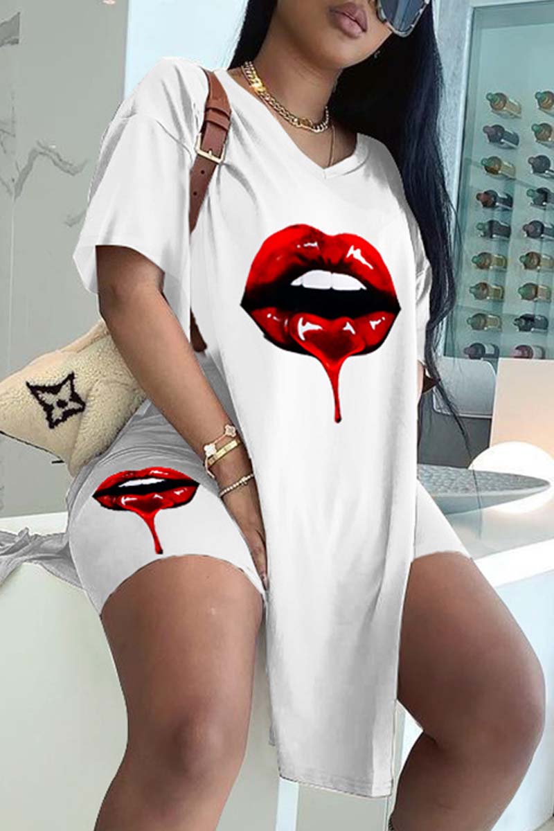 Fashion Casual Lips Printed Slit V Neck Short Sleeve Two Pieces