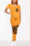 knit Casual Leopard Patchwork Print Fluorescent pencil Short Sleeve Two Pieces