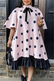 Casual Flare Sleeve Half Sleeve Mandarin Collar Printed Dress Mid Calf Dot Print Dresses