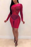 Sexy Printed Mesh Hollow Out Rose Red Pencil Dress