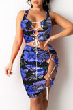Fashion Sexy Print Hollowed Out Strap Design U Neck Sleeveless Two Pieces