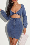 Fashion Sexy Solid Hollowed Out V Neck Long Sleeve Denim Dress