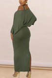 Sexy Off Shoulder Slit Dark Green Solid Two Piece Suit
