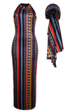 Bohemian Off The Shoulder Sleeveless O neck Step Skirt Ankle-Length  Print Dresses