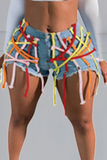 Casual Patchwork Draw String Mid Waist Skinny Denim Shorts