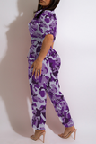 Casual Camouflage Print Patchwork Turndown Collar Harlan Jumpsuits