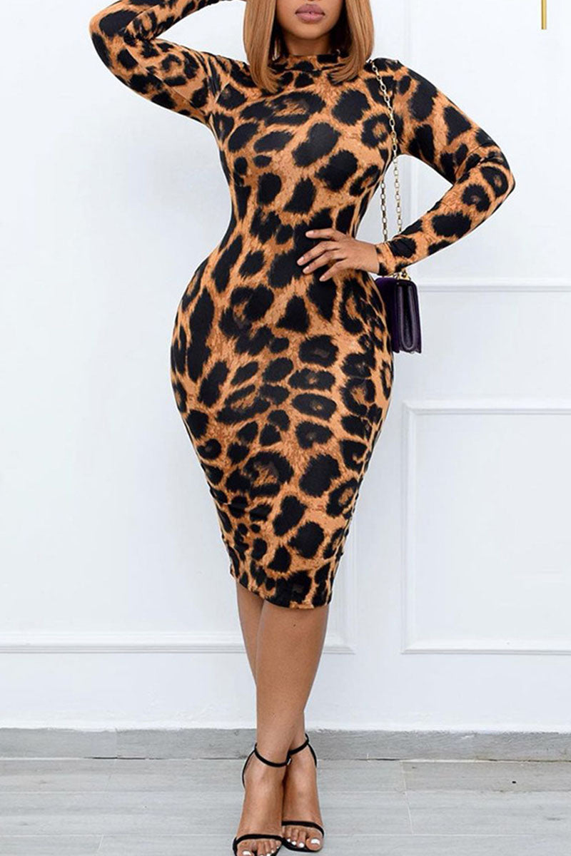 Sexy Print Leopard Split Joint O Neck One Step Skirt Plus Size Dresses