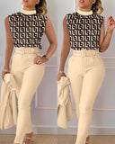 Geometric Print Ruched Top & Pants Set With Belt