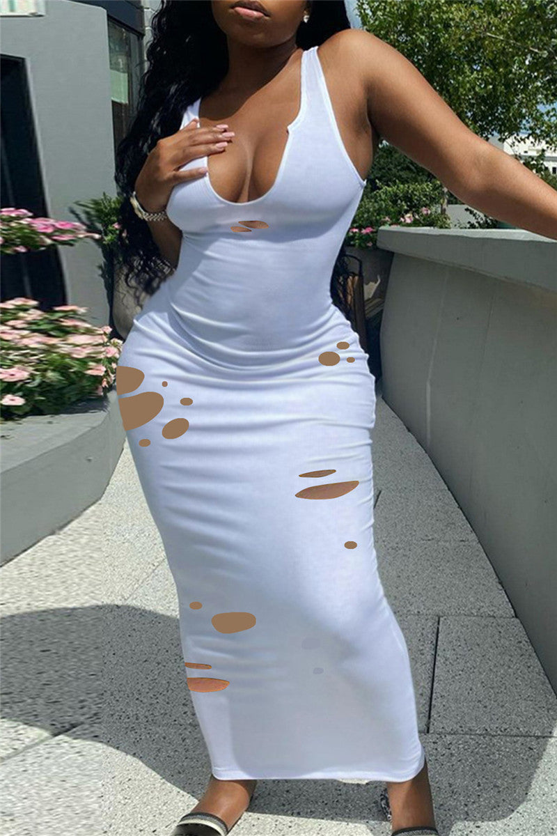 Fashion Sexy Solid Ripped Hollowed Out V Neck Vest Dress