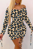 Street Leopard Fold Oblique Collar Dresses