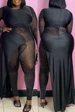 Casual Patchwork Hot Drilling See-through O Neck Plus Size Jumpsuits