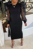Casual Solid Mesh O Neck Pencil Skirt Dresses
