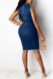 Fashion Sexy  Sleeveless Turndown Collar Denim Dress Knee Length Solid Dresses