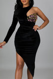 Fashion Sexy Patchwork Hollowed Out Asymmetrical O Neck Evening Dress