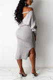 Fashion Adult Elegant Pit Article Fabrics Solid Bandage Backless V Neck Long Sleeve Mid Calf Pencil Skirt Dresses