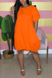 Casual  Bubble sleeves Short Sleeves O neck Lantern skirt Knee-Length Solid Dresses