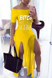 Sexy Fashion Letter Printed Yellow Split Dress