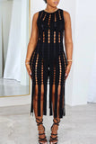 Sexy Casual Daily Solid Pierced Tassel Burn-out O Neck Wrapped Skirt Dresses