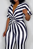 Casual Striped Print Split Joint Knotted V Neck Straight Jumpsuits