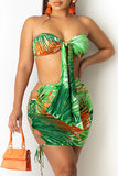 Sexy Print Hollowed Out Backless Strap Design Strapless Sleeveless Two Pieces
