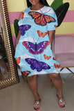 Fashion Casual Butterfly Print Basic O Neck Short Sleeve Dress