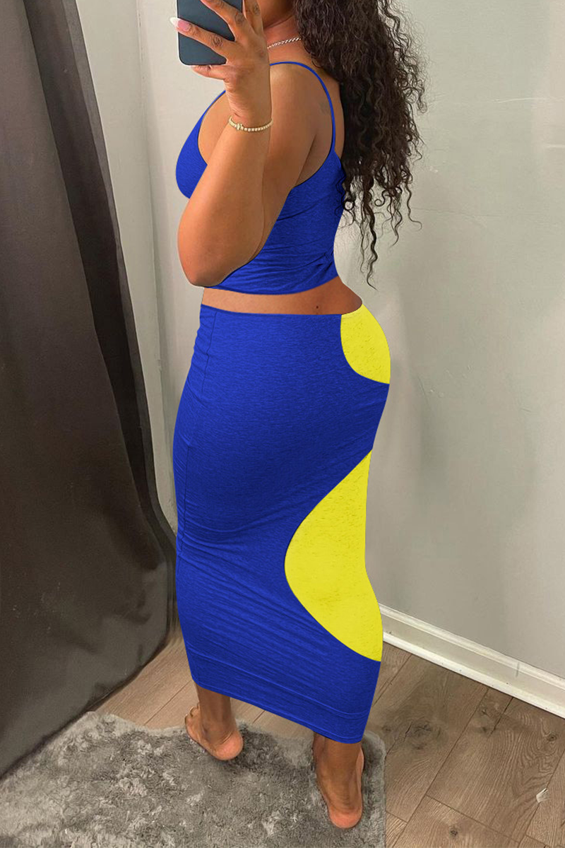 Sexy Color Block Hollowed Out Spaghetti Strap Sleeveless Two Pieces
