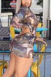 Fashion Sexy Print Slim High Collar Long Sleeve Brown Dress