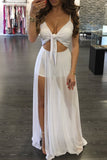 Sexy Solid Hollowed Out Split Joint See-through Knotted Spaghetti Strap Sling Dress Dresses