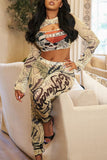 Casual Print Hollowed Out O Neck Long Sleeve Two Pieces