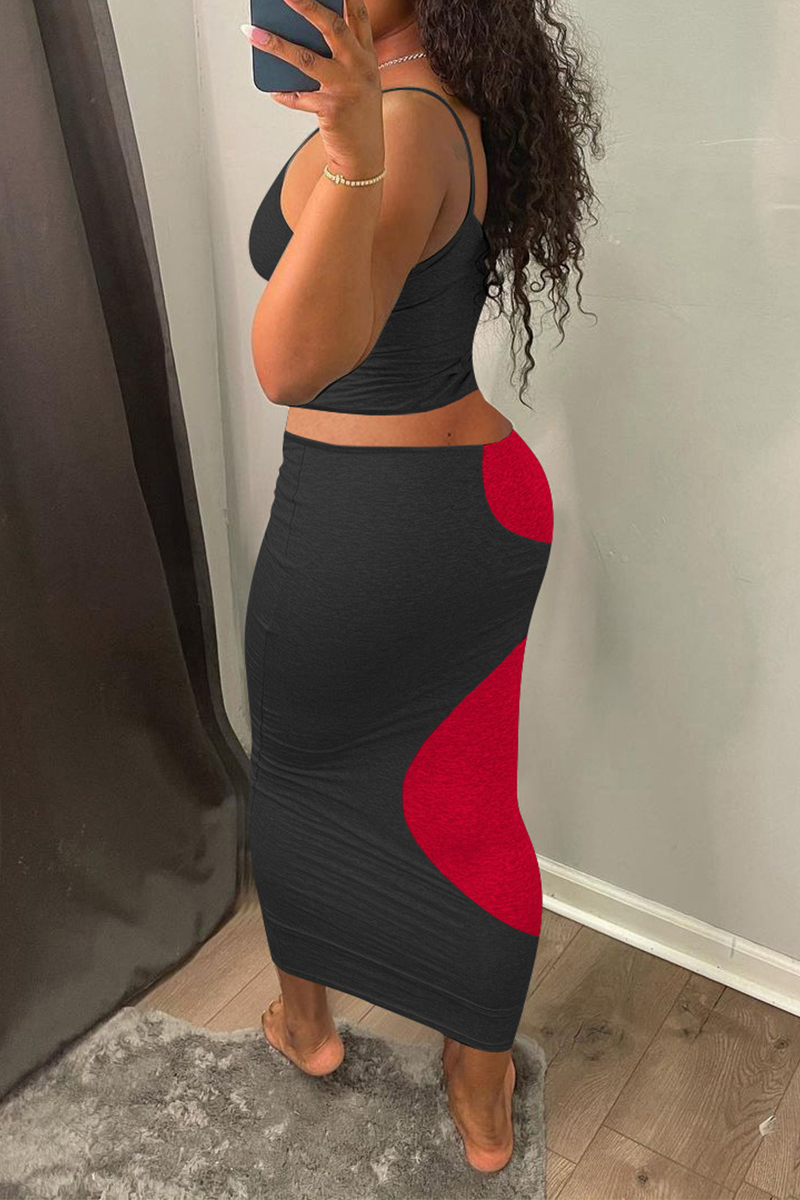 Sexy Color Block Hollowed Out Spaghetti Strap Sleeveless Two Pieces