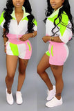 Casual Sports Stitching Half Sleeve Pink Suit