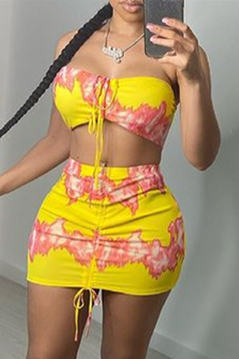 Sexy Print Draw String Strap Design Strapless Sleeveless Two Pieces