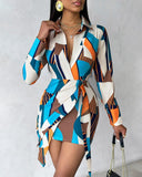 Geometric Print Striped Pocket Design Shirt Dress