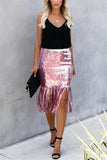 Casual Sequins High Waist Tassel Pink Skirt