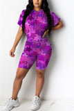 Fashion Casual Printed T-shirt Shorts Purple Set