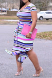 Fashion Casual Plus Size Striped Print Slit O Neck Short Sleeve Dress