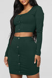 Casual Buttons Decorative Blackish Green Two-piece Skirt Set