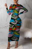 Sexy Print Camouflage Print Split Joint O Neck One Step Skirt Dresses