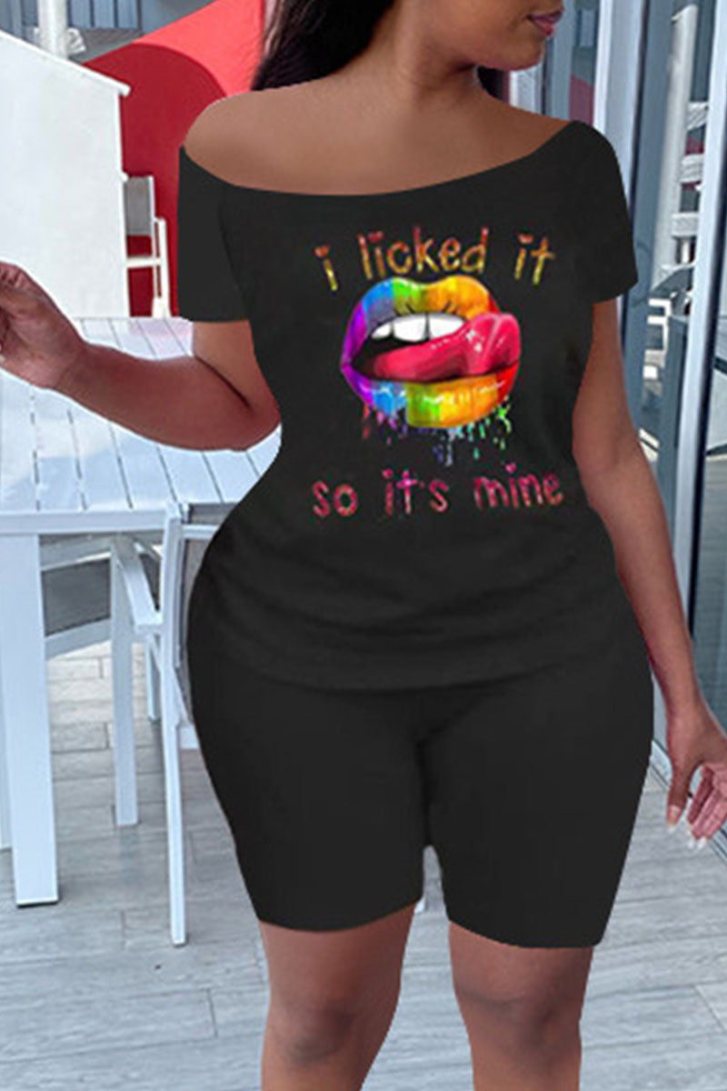 Casual Letter Lips Printed Split Joint Off the Shoulder Plus Size Two Pieces