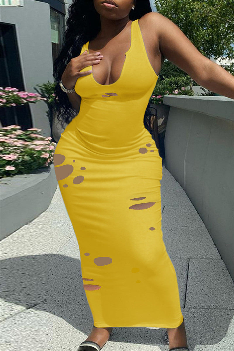 Fashion Sexy Solid Ripped Hollowed Out V Neck Vest Dress