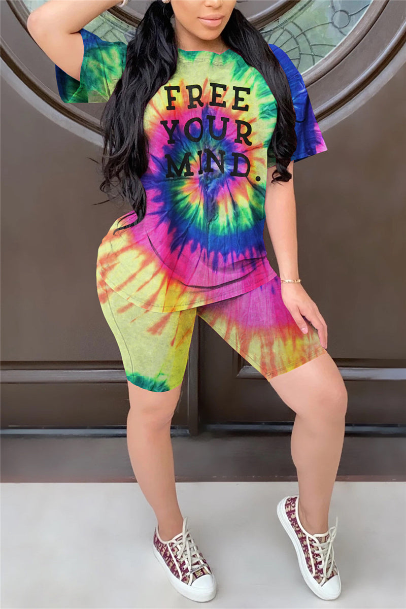 Fashion Casual Short Sleeve O Neck Regular Sleeve Regular Letter Print Tie Dye Two Pieces
