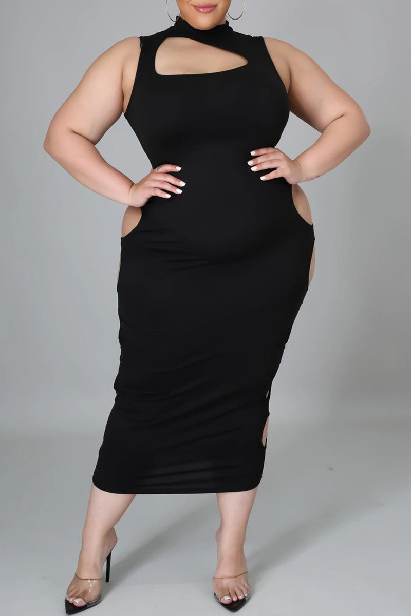 Fashion Sexy Plus Size Solid Hollowed Out Half A Turtleneck Sleeveless Dress