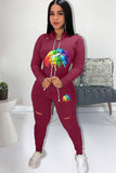 Polyester Sexy Print Lips Print Hole Burn-out Two Piece Suits pencil Long Sleeve  Two-piece Pants Se