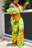 Fashion Sexy Printed Yellow Off Shoulder Jumpsuit