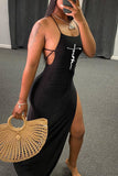 Fashion Sexy Print Backless Cross Straps Slit Spaghetti Strap Sleeveless Dress