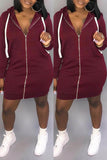 Fashion Casual Zipper Bag Hip Hooded Sweater Wine Red Dress