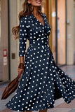 Elegant Print Polka Dot Split Joint V Neck Long Sleeve Dresses