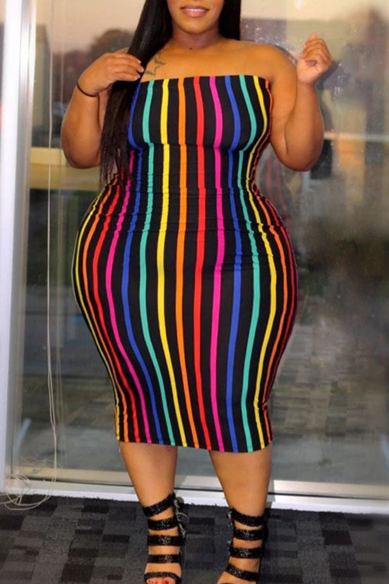 Casual Striped Backless  Contrast Strapless Strapless Dress Plus Size Dresses