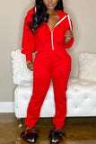 Casual Fashion Hooded Zipper Red two-piece Set